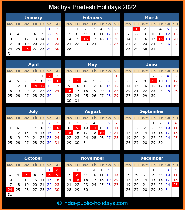 Madhya Pradesh Holiday Calendar 2022